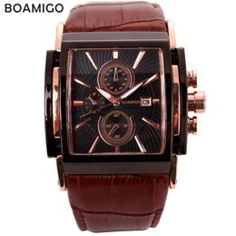 Boamigo Men Quartz Watches Large Dial Fashion Casual Sports Watches Rose Gold Sub Dials Clock Brown Leather Male Wrist Watches Y193258