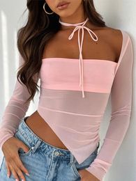 Women's T Shirts Women T-shirt Long Sleeve Square Neck See-through Patchwork Asymmetric Fall Tops With Choker