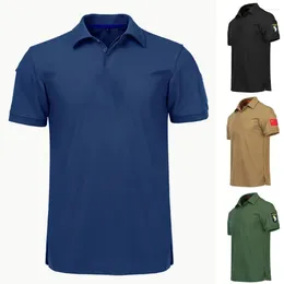 Men's T Shirts Stylish T-shirt Lapel Soft Polyester Military Short Sleeve Solid Colour Buttons Top