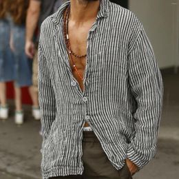 Men's Casual Shirts Cotton Stripe Mens Simple Washed Print Cardigan Long Sleeve Henley Blouses Oversize Single Breasted Pullovers Male