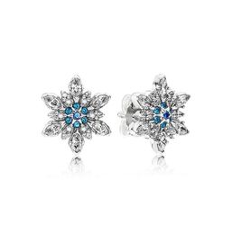 New Blue Snowflake Stud Earrings For Luxury Designer 925 Sterling Silver CZ Diamond Lady Stud Earrings Box Set Holiday Gift5374342