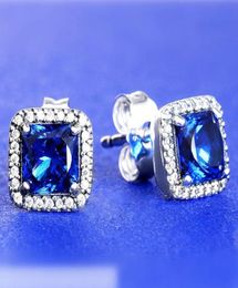 925 Sterling Silver Blue Square Sparkle Halo Stud Earrings Fits European P Style Jewelry Fashion Earrings1688230