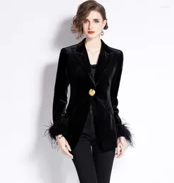 Women's Suits Design Autumn Winter Velvet Spliced Feather Long Sleeve Blazer Coat For Women Notched Collar Large Metal One Button Suit