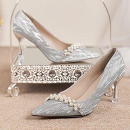 Dress Shoes Shiny Glitter High Heels Pumps Women 2023 Autumn Luxury Pearl Stiletto Heeled Designer Woman Pointed Toe Silver Party Shoe