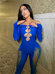 Women's Jumpsuits Rompers wsevypo Women Sexy Mesh Sheer Skinny Jumpsuits Club Streetwear Outfit Transparent Long Sleeve Off-Shoulder Cutout Bodycon RomperL231212