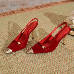 Sandals Spring/Summer Metal Small Square Head Shallow Mouth Suede Single Shoes Thin High Heels Banquet Dress Versatile Women