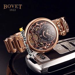 40mm Bovet 1822 Tourbillon Amadeo Fleurie Watches Quartz Mens Watch Black Skeleton Dial Rose Gold Steel Bracelet HWBT Hello Watch237Z