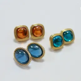Backs Earrings French Vintage Retro Small Glass Geometric Ear Clips Glazed Square Blue Stone Clip On Without Piercing For Women Party