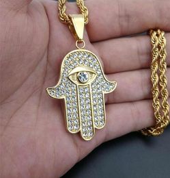 Stainless Steel Hamsa Hand of Fatima Pendant Chain Male Gold Colour Paved Rhinestones Palm Necklaces For Men Turkish Jewelry240S9250307