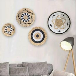 Decorative Figurines Rattan Straw Woven Round Wall Tray Decoration Creative Background Decor Moroccan Style Hand-woven Plate Hangings