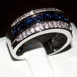 Luxury Princess-cut Blue Sapphire Gemstone Rings Fashion 10KT White Gold filled Wedding Band Jewellery for Men Women Size 8 9 10 11 162W