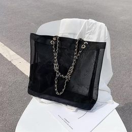 NEW white printing shopping mesh chain Bag with ribbon classic Beach Travel Bags Women Wash storage bag217W