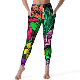 Active Pants Tropical Leggings Colourful Flower Print Work Out Yoga High Waist Kawaii Sports Tights Pockets Stretch Graphic Legging