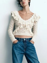 Women's Sweaters Autumn Winter For Women Sweet Style Ruffle Trim V Neck Knitted Pullover Top Long Sleeve Fitted Cropped Sweater Jumper