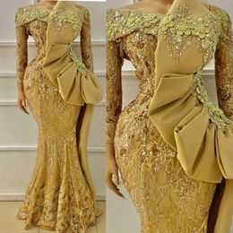 Gold Plus Size Aso Ebi Prom Dresses Mermaid Off Shoulder Long Sleeves Lace Evening Dress Birthday Party Gowns Second Reception Gala Gown for African Black Women AM147