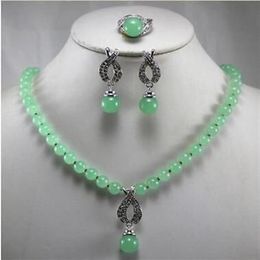 Beautiful Jewelry 8MM Green Jade Pendant Necklace Earring Ring Set227r