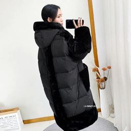 Women's Down Winter Hooded Jacket Natural Lamb Wool Stitching Black Long White Duck Coat Thick Warm Parkas