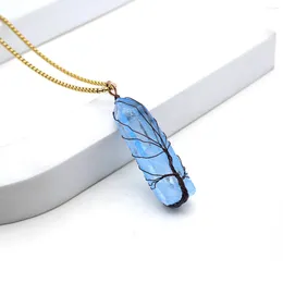 Pendant Necklaces Natural Stone Cylindrical Shape Necklace Blue Transparent Healing Jewellery Stainless Steel Men