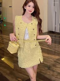 Work Dresses Small Fragrant Tassel Double-breasted Sleeveless O Neck Vest High Waist Skirt Korean Elegant Summer 2 Piece Sets Women Outfit