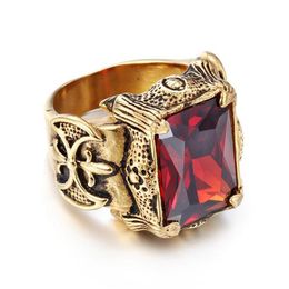 Vintage Gold Colour Dragon Claw Rings Hiphop Men Stainless Steel Big Red Green Purple White CZ Zircon Crystal Stone Cross Ring Men 2542