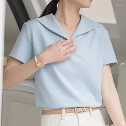 Women's Blouses Vintage Sailor Collar Women Shirts Casual Short Sleeve Blouse Solid Tops Summer Sweet Office Lady Loose Blusas 27076