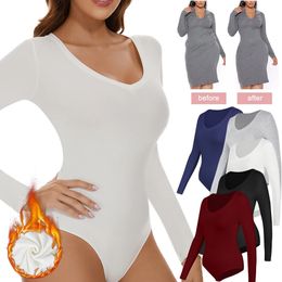 Women's Thermal Underwear Tops Sexy VNeck Low Cut Long Sleeve Bodysuits for womens Keep Warm Compression Cold Weather Bottoming Shirt 231212