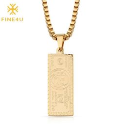 FINE4U N290 Hundred 100 Dollar Bill Pendant Necklace Gold Colour Stainless Steel Box Chain Necklace For Men Women8305110