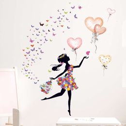 Beautiful Flower Girl with Butterfly Heart Shape Balloon Wall Stickers for Girl Bedroom Living Room Home Decorative Stickers Pvc