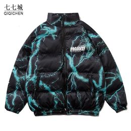 Men's Down Parkas Mens Winter Down Parkas Vintage Lightning Letter Graffiti Cotton-padded Jacket Thick Warm Street Oversized Outerwear Coat Winter 231212