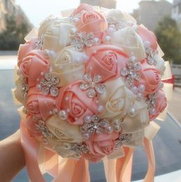 Coral Pink Ivory Champagne Satin Rose Bouquet Stitch Bouquets Ribbon Wedding Bridal Bouquet Flowers Colour Option5922281