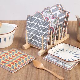 Table Mats 4pcs Moroccan Style Vintage Patterns Ceramic Pot Mat Creative Square Cork Pad Home Diningtable Decoration Accessories Supplies
