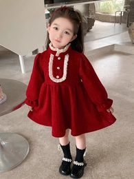 Girl Dresses Christmas Girl's Dress Autumn Winter 2023 Children's Birthday Princess Red Lace High Collar A-line
