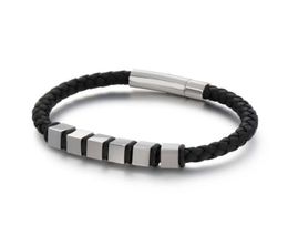 Stainless Steel Spring Clasp Black Cord Genuine Leather Chain Bracelet for Men Whole Premier Jewelry Small Cube Gold Color22762767598038