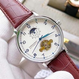 Fashion Mens Sport Watch Automatic Mechanical Men Watches Top brand Diamond Wristwatches Flywheel moon phase 42mm Genuine Leather 176E