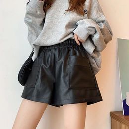 Women's Shorts Leather Autumn Pockets Streetwear Women Wide Leg Short Pants Black Slim Fit Y2k Elegant Korean Elastic Waist Hoodies