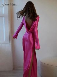 Basic Casual Dresses Sexy Backless Strapless Satin High Split Autumn Dres Flare Long Sleeve Ladies Elegant Slim Party 231213