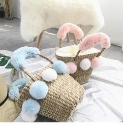 Shopping Bags Bohemian Beach Bag Women Handmade Rabbit hair Straw Bags Summer Grass Handbags Drawstring Basket Bag Travel Tote 231213