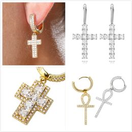 Personalized 18K Gold Plated Bling Cubic Zirconia Cross Hoop Earring Mens Womens Hip Hop Earrings Iced Out Diamond Jewelry for Wom237w