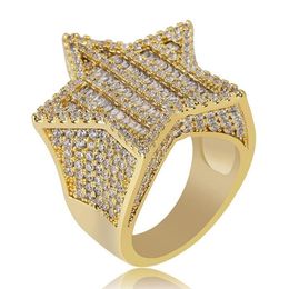 18K Gold & White Gold Mens Luxury Bling Cubic Zirconia Pentagram Hip Hop Ring Band Full Diamond Iced Out Rapper Jewellery Gifts for 3242