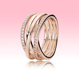 authentic 925 Silver Wedding Rings Women Girls Jewelry with Original box for 18K Rose gold Sparkling Polished Lines Ring set5232536