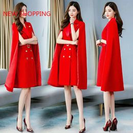 Women s Suits Blazers Christmas Shawl Cloak Dress Female 2023 Autumn Korean Chic Elegant Fashion Double breasted Ladies Red Black Blazer Dresses 231213
