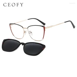 Sunglasses Frames CEOFY Metal Cat Eye Polarised Sunlasses Women 2 In 1 Clip On Glasses Frame Fashion Clear Prescription Magnet Eyeglasses
