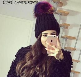 Multi Coloured Raccoon fur pompom hat for women cashmere beanie hat Big Natural Raccoon fur pompom Beanies cap bobble6482796