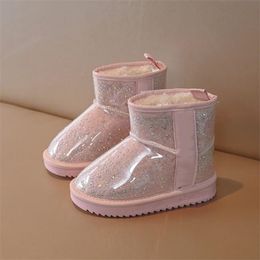 Girls' snow boots autumn and winter new Joker sequined princess cotton shoes for children and girls plus velvet warm boots