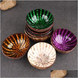 Bowls Wholesale Vietnamese Natural Coconut Shell Bowl Decorative Wooden Storage Hand-Painted Colorf Ornament Drop Delivery Home Garden Otpiz