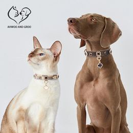 Dog Training Obedience Luxury Cat Collar Lucky Clover Pet Necklace PU Leather Adjustable Small Medium Accessories Perro Supplies 231212