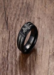MasonicMan Mens Black Rings Stainless Steel Double Wire Cable Inlay Ring for Men Wedding Band Laser Masonic Vintage Jewelry3298117