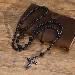 Black Beads Cross Rosary Necklaces for Men, Male Power Balance 14K Black Gold Chain Necklace, Religious Faith Prayer Jewelry