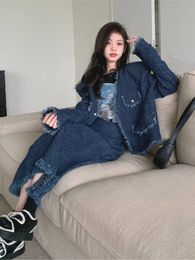 Two Piece Dress Autumn Vintage Tassel Two Piece Set Women Korean Style Folds V-neck Jacket Midi Skirts Suits Denim Ensemble Femme 2 Pieces 231212