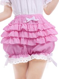 Women's Shorts Kawaii Bloomers Summer Lace Trim Layered Ruffle Bowknot Elastic Waist Short Pants For Teen Girls Lolita JK Y2K